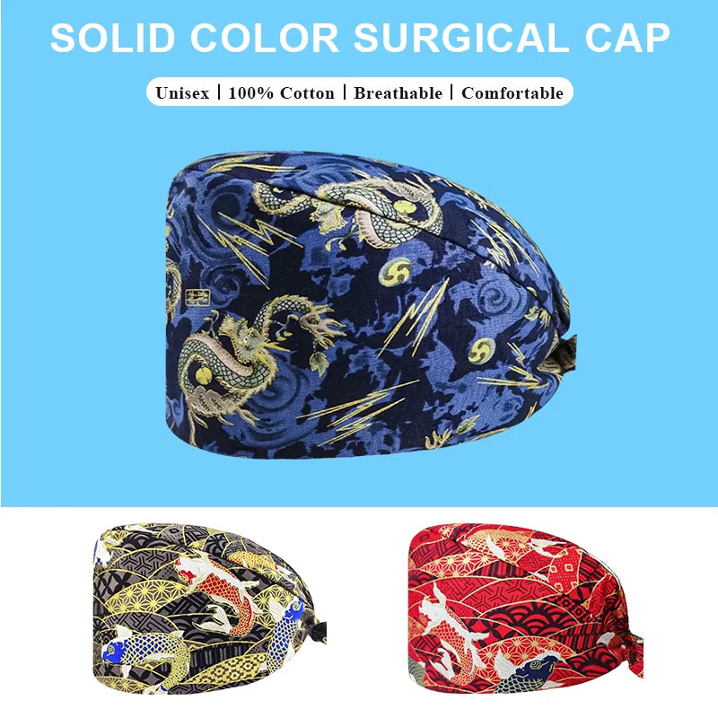 Gorro Quirúrgico Ajustable con Estampado "tipo japones", Transpirable y Reutilizable, Gorro de Trabajo para Enfermeras, Dentistas, Spa y Personal Médico, Unisex