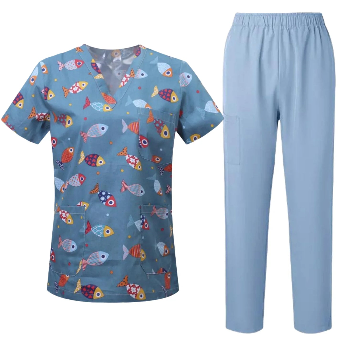 Uniformes quirúrgicos para mujer, blusa estampada con bolsillos, pantalones, conjunto de exfoliante médico, ropa de trabajo para salón de belleza, bata clínica, Top + Pantalones, traje de Spa