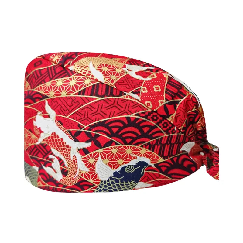 Gorro Quirúrgico Ajustable con Estampado "tipo japones", Transpirable y Reutilizable, Gorro de Trabajo para Enfermeras, Dentistas, Spa y Personal Médico, Unisex