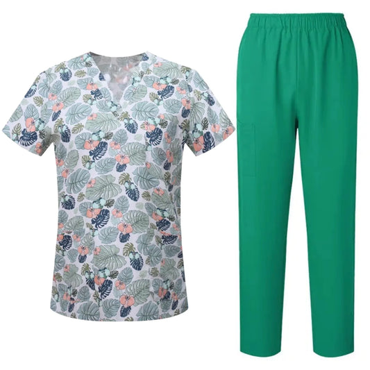 Uniformes quirúrgicos para mujer, blusa estampada con bolsillos, pantalones, conjunto de exfoliante médico, ropa de trabajo para salón de belleza, bata clínica, Top + Pantalones, traje de Spa