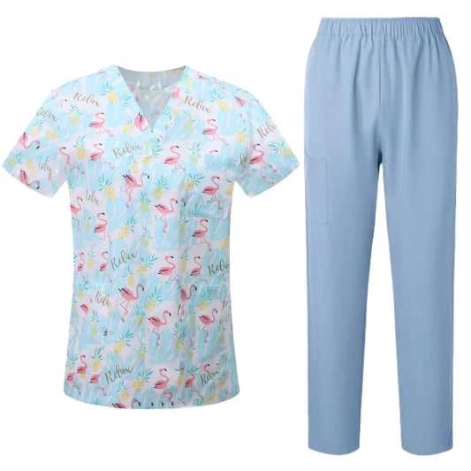 Uniformes quirúrgicos para mujer, blusa estampada con bolsillos, pantalones, conjunto de exfoliante médico, ropa de trabajo para salón de belleza, bata clínica, Top + Pantalones, traje de Spa