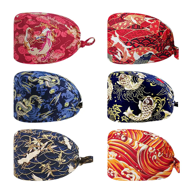 Gorro Quirúrgico Ajustable con Estampado "tipo japones", Transpirable y Reutilizable, Gorro de Trabajo para Enfermeras, Dentistas, Spa y Personal Médico, Unisex